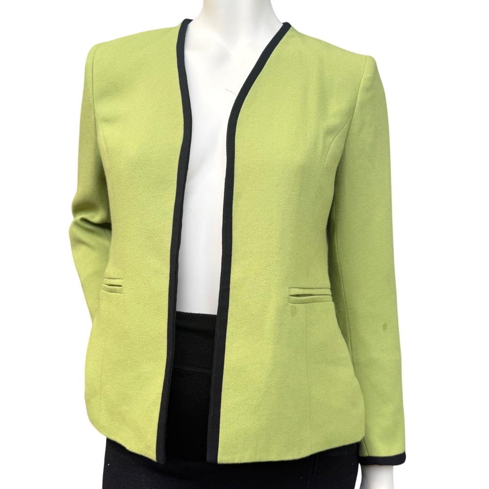 Kasper Petite Blazer Lime Green Black Trim Open Front Career Office Core 4P